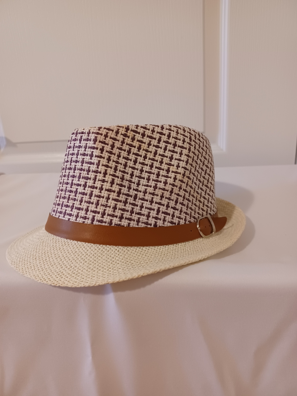 Straw Fedora Hat with Brown Belt - Cream & Purple - Picture 2 of 16